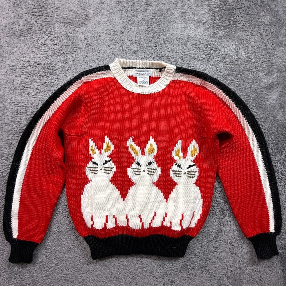 Vintage Saks Fifth Avenue Girls Knit Sweater Bunny Stitch Embroidered Tails L